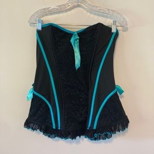 Torrid black blue bow lace ruffle hem corset with boning